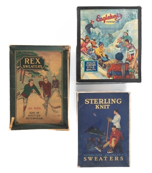 1910s to 1940s Rex, Sterling Knit and Eagleknit Sweater Boxes with Hockey/Winter Scenes