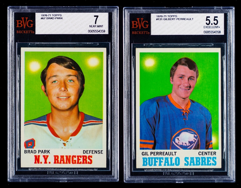 1968-69 to 1976-77 O-Pee-Chee and Topps Beckett-Graded Hockey Rookie Cards (5) - Includes HOFers Parent, Giacomin, Park, Perreault & Trottier
