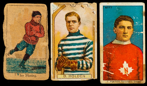 1911-12 C55 Imperial Tobacco Hockey Card #3 Barney Holden, 1910-11 Imperial Tobacco C59 Lacrosse Card #77 R. Fortier RC and 1920s "Ice Skating" Strip Card 