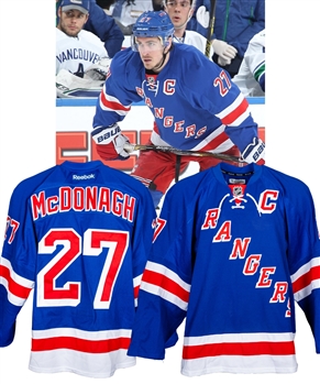 Ryan McDonaghs 2014-15 New York Rangers Game-Worn Captains Playoffs Jersey with Steiner LOA - Photo-Matched!