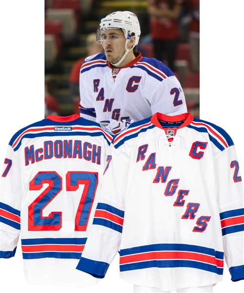 Ryan McDonaghs 2016-17 New York Rangers Game-Worn Captains Jersey with LOA - NHL Centennial Patch! - 90th Anniversary Patch! - Photo-Matched!