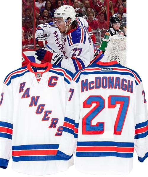 Ryan McDonaghs 2014-15 New York Rangers Game-Worn Playoffs Captains Jersey with LOA - Photo-Matched! 