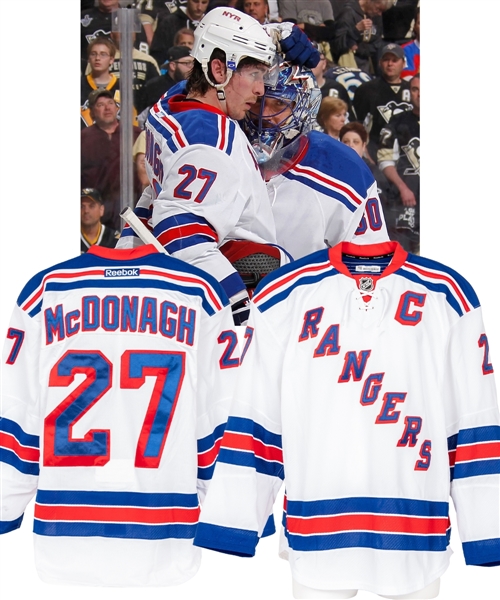 Ryan McDonaghs 2014-15 New York Rangers Game-Worn Captains Playoffs Jersey with LOA - Photo-Matched!