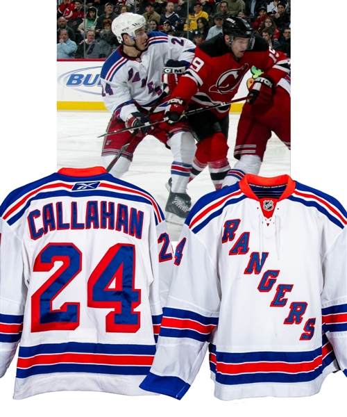 Ryan Callahans 2007-08 New York Rangers Game-Worn Playoffs Jersey with LOA - Team Repairs! - Photo-Matched!
