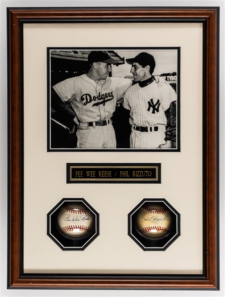 Pee Wee Reese and Phil Rizzuto Single-Signed Baseballs Framed Display with JSA LOA (15 1/8” x 20 1/8”)