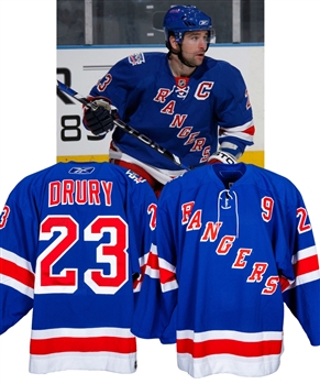 Chris Drurys 2008-09 New York Rangers Signed “Andy Bathgate/Harry Howell Retirement Night” Warm-Up & Ceremony Worn Jersey with LOA
