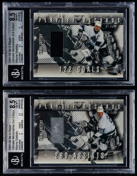 2001-02 BAP Ultimate Memorabilia Stanley Cup Playoff Records Jersey Hockey Cards (3) of HOFer Wayne Gretzky (/50) - All Beckett Graded