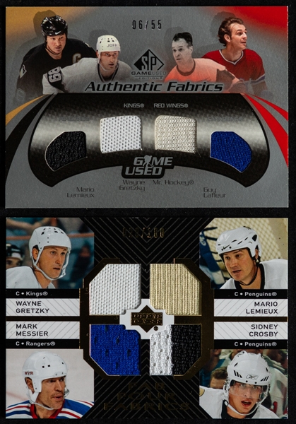 2003-04 Upper Deck SP Game Used Authentic Fabrics Hockey Card #QF-LGHL Lemieux/Gretzky/Howe/Lafleur (06/55) and 2007-08 UD Fab Four Fabrics Hockey Card #FF-LCGM Gretzky/Lemieux/Messier/Crosby (20/100)