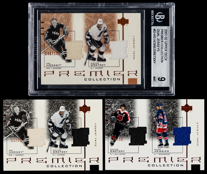 2001-02 Upper Deck Premier Collection Dual Jersey/All-Star Jersey Hockey Cards (11) of HOFer Wayne Gretzky (/50, /100, /150, /300)