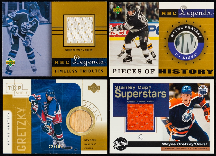 2001-02 Upper Deck Timeless Tributes/Pieces of History/Championship Sticks/Stanley Cup Superstars Jersey/Stick Hockey Cards (7) of HOFer Wayne Gretzky 