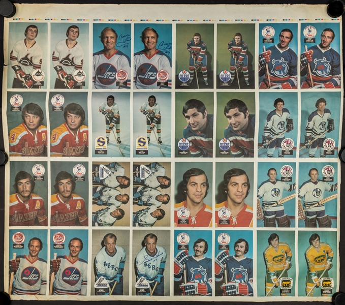 1973-74 O-Pee-Chee Hockey WHA Posters Uncut Sheet (34 Posters) Signed by Gordie Howe and Bobby Hull (54" x 60")