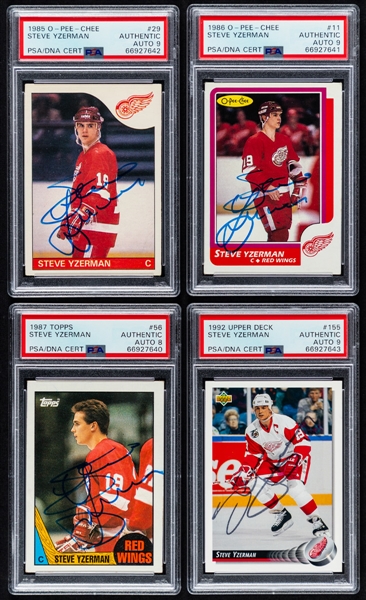1985-86 to 1992-93 O-Pee-Chee, Topps and Upper Deck HOFer Steve Yzerman Signed Hockey Cards (4) - All PSA/DNA Certified 