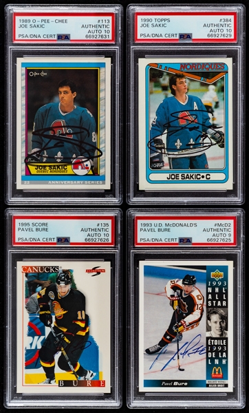 1990-91 to 2003-04 Signed Hockey Cards (9) - All PSA/DNA Certified - Includes HOFers Sakic (2), Bure (2), Modano, Hawerchuk and Chelios
