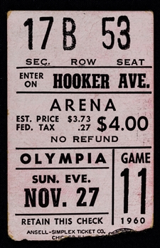 November 27, 1960 Detroit Red Wings vs Toronto Maple Leafs Ticket Stub - Howe Becomes First Player To Reach 1,000 Points In A Career! - The Brent Sobie Antique Hockey and Baseball Collection