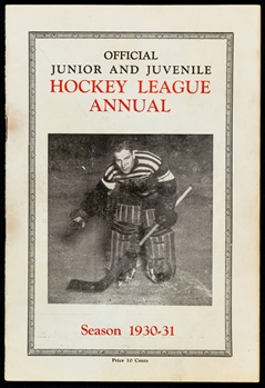 1930-31 Winnipeg Junior Hockey League Annual with Charlie Gardiner Cover Plus Scrapbook Page Death Notice - The Brent Sobie Antique Hockey and Baseball Collection