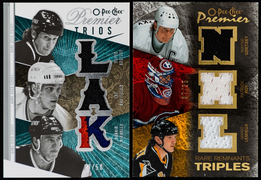 2007-08 to 2009-10 O-Pee-Chee Premier Rare Remnants Triples/Premier Trios/Stitchings & Others Hockey Cards (13) of HOFer Wayne Gretzky