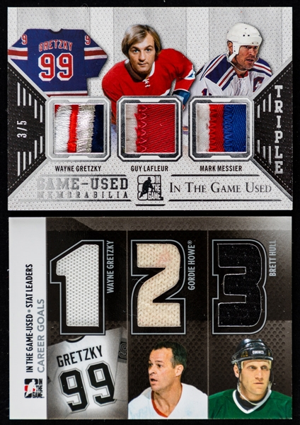 2013-14 and 2015-16 ITG Patches Trios/Famous Fabrics/Enshrined Eight/Career Goals Hockey Cards (4) of HOFer Wayne Gretzky