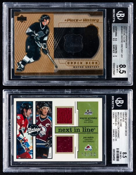 2000-01 to 2005-06 Upper Deck and Bee Hive Authentic Fabric/500 Goal Club/Next in Line/Matted Materials Hockey Cards (4) of HOFer Wayne Gretzky