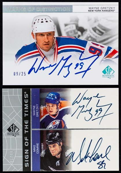 2002-03 UD SP Authentic Sign of the Times #GC, 2011-12 UD SP Authentic Marks of Distinction #MD-WG and 2014-15 UD Artifacts Auto Facts #A-WG Signed Hockey Cards of HOFer Wayne Gretzky