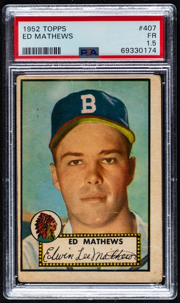 1952 Topps Baseball Card #407 HOFer Eddie Mathews Rookie - Graded PSA 1.5