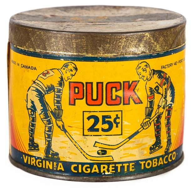 Vintage Circa 1920s "Puck" Tobacco Tin Featuring Hockey Graphics - The Brent Sobie Antique Hockey and Baseball Collection
