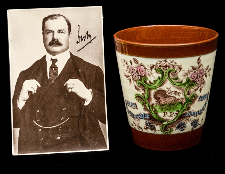 Vintage 1902 Lord Stanley / Earl of Derby Ceramic Mug, Medals (2) and Edward Stanley (1880s/90s Rideau Hall Rebels) Signed Postcard - The Brent Sobie Antique Hockey and Baseball Collection