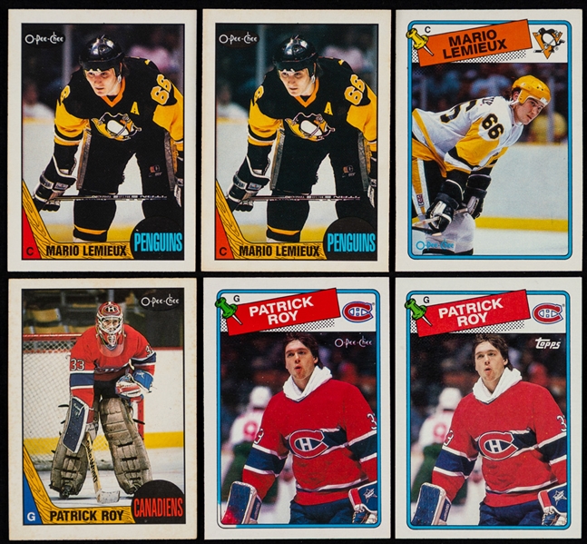 1980s and 1990s O-Pee-Chee, Topps and Other Brands Hockey Cards of HOFers Mario Lemieux (69) and Patrick Roy (52) 