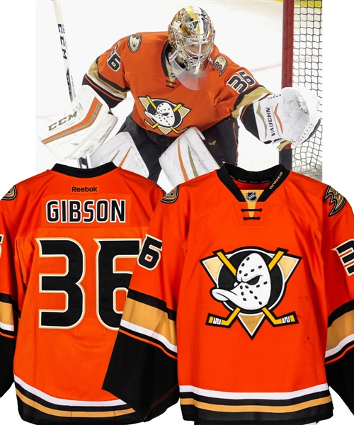John Gibsons 2015-16 Anaheim Ducks Game-Worn Third Jersey with Team LOA - Photo-Matched!
