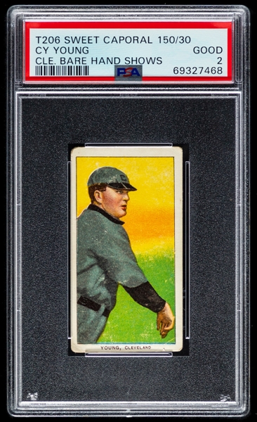 1909-11 T206 Baseball Card - HOFer Cy Young (Bare Hand Shows - Sweet Caporal Back 150/30) - Graded PSA 2