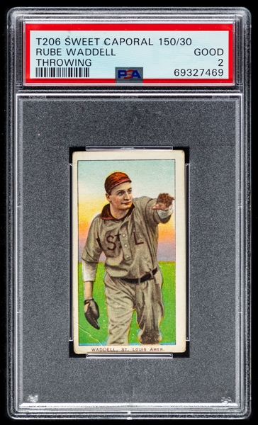 1909-11 T206 Baseball Card - HOFer Rube Waddell (Throwing - Sweet Caporal Back 150/30) - Graded PSA 2