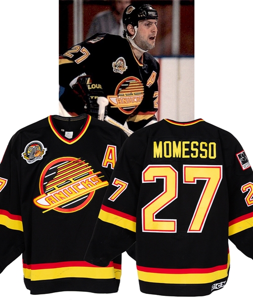Sergio Momessos 1994-95 Vancouver Canucks Game-Worn Alternate Captain Jersey - 25th Patch! - Team Repairs! 