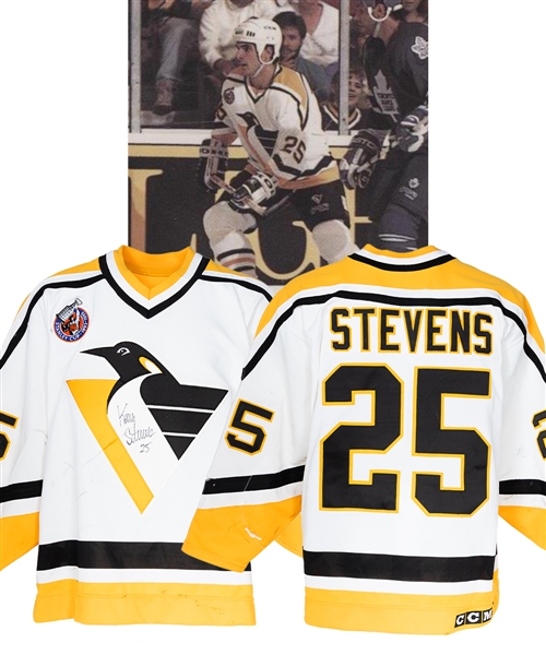 Kevin Stevens 1992-93 Pittsburgh Penguins Signed Game-Worn Jersey - Stanley Cup Centennial Patch! - 100-Point Season! - Heavy Wear!