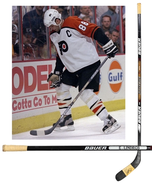 Eric Lindros Late-1990s Philadelphia Flyers Signed Bauer Supreme 3030 Game-Used Stick From the Personal Collection of Dino Ciccarelli with His Signed LOA