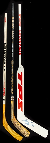 Steve Yzerman, Dominik Hasek and Ray Bourque Early-to-Mid-1990s to Early-2000s Signed Game-Issued Sticks From the Personal Collection of Dino Ciccarelli with His Signed LOA