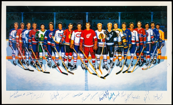 500-Goal Scorers Lithograph Autographed by 17 with Richard, Howe, Beliveau, Gretzky and Others From the Personal Collection of Dino Ciccarelli with His Signed LOA