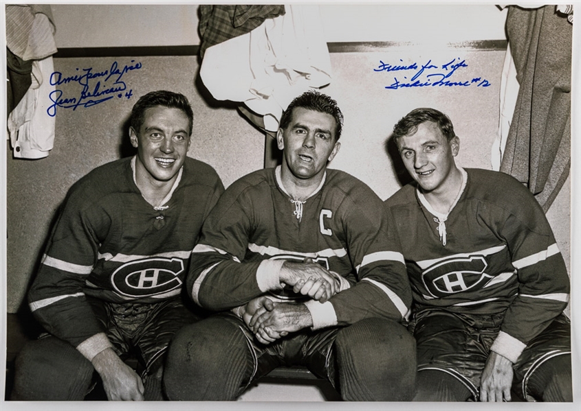 Deceased HOFers Jean Beliveau & Dickie Moore Signed "Friends for Life" Montreal Canadiens Dressing Room Framed Photo with Maurice Richard (10” x 14”) with LOA