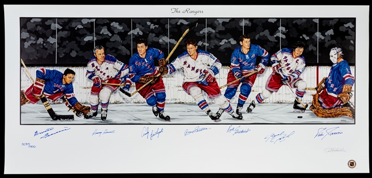 New York Rangers Limited-Edition Lithograph Autographed by 7 HOFers with COA (18" x 39")