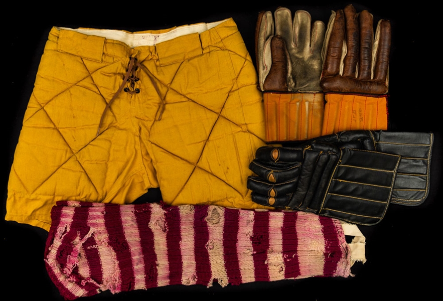 Circa 1910s Hockey Pants and Striped Wool Uniform Socks Plus 1920s/30s Glove Pairs (2) - The Brent Sobie Antique Hockey and Baseball Collection