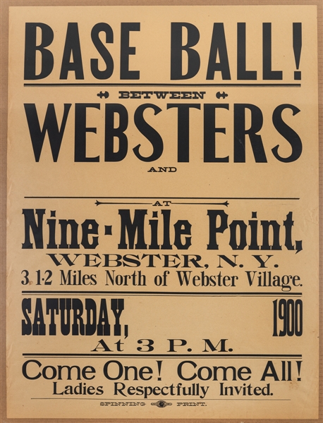 Antique 1900 Websters, New York Baseball Broadside (21" x 28") - The Brent Sobie Antique Hockey and Baseball Collection