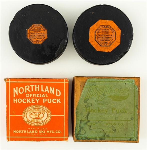 Antique and Vintage 1920s to 1950s Puck and Box Collection of 16 including 1940s/50s Art Ross NHL Game Pucks (2) - The Brent Sobie Antique Hockey and Baseball Collection