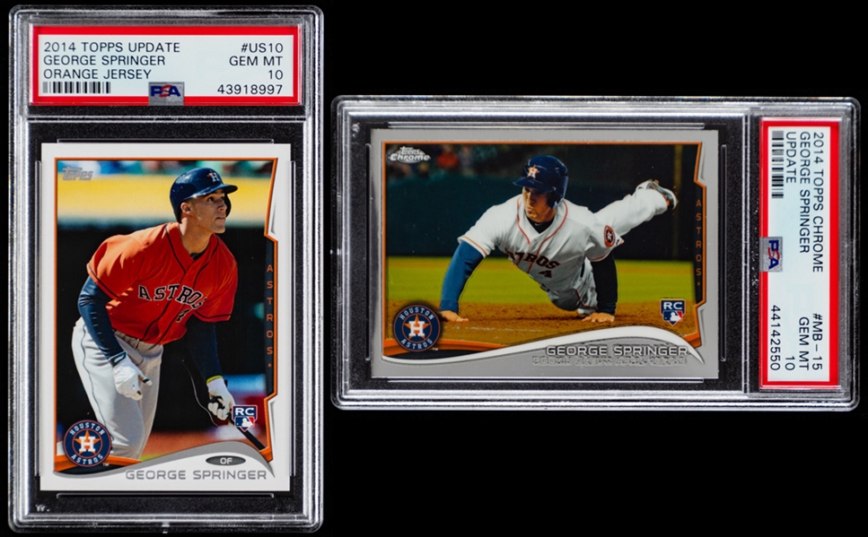2014 Topps Update Orange Jersey Baseball Card #US10 George Springer Rookie (PSA 10) and 2014 Topps Chrome Update Baseball Card #MB-15 George Springer Rookie (PSA 10)
