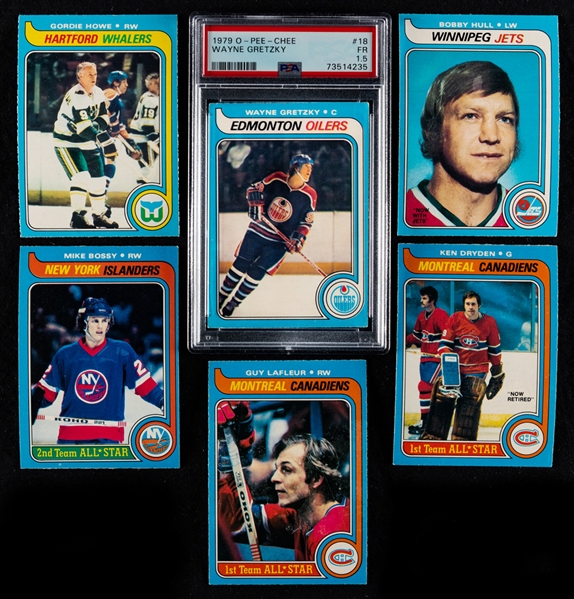1979-80 O-Pee-Chee Hockey Complete 396-Card Set Including #18 HOFer Wayne Gretzky Rookie Card (Graded PSA 1.5) Plus Wrappers (3) and Extras (Approx. 400)