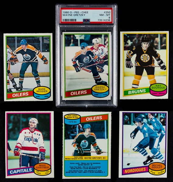 1980-81 O-Pee-Chee Hockey Complete 396-Card Set Including #250 HOFer Wayne Gretzky (Graded PSA 8) Plus Wrappers (Approx. 100), Empty Boxes (3) and Extras (Approx. 40)