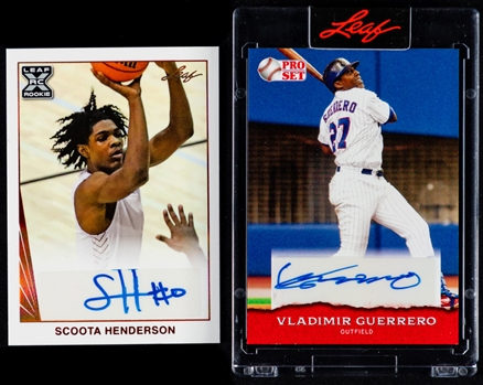 2021-2022 Panini, Leaf and Upper Deck Basketball and Baseball Card Collection of 9 Incl. 2022 Leaf Pro Set Vladimir Guerrero #PSA-VG1 and 2021-22 Leaf Memories 1990 Signatures #BA-SH1 Scoota Henderson