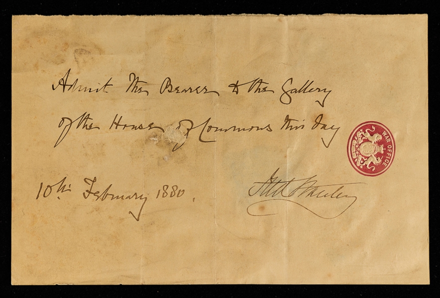House of Commons February 10, 1880 Day Pass Signed by Lord Stanley with LOA - "Fred Stanley" Signature 