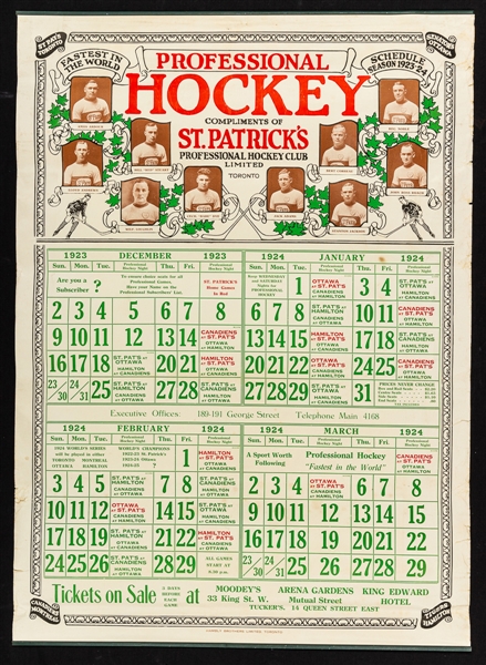 Rare Toronto St Patricks 1923-24 Hockey Schedule Calendar Poster (19" x 27")