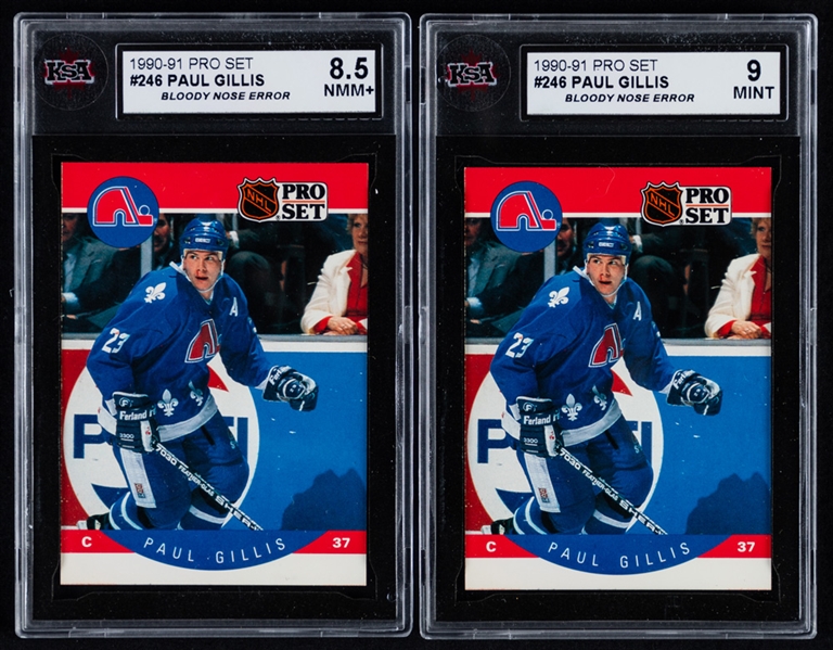1990-91 Pro Set Hockey Card #246 Paul Gillis "Bloody Nose" Error Variation Collection of 2 - Graded KSA 8.5 and 9!