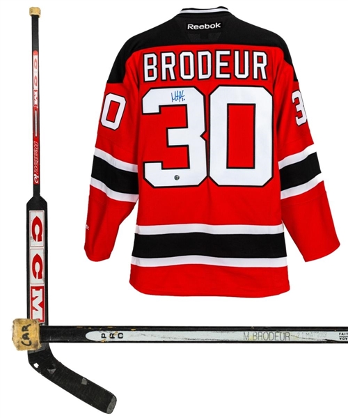 Martin Brodeurs 2003-04 New Jersey Devils CCM Game-Used Stick Plus Brodeur Signed Jersey with COA/LOAs - Vezina and William M. Jennings Trophy Season!