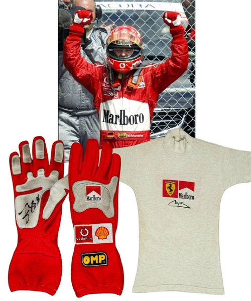 Michael Schumachers 2003 Ferrari Signed OMP Race Glove and Ferrari Nomex Undershirt From The Personal Collection of Guy Lafleur with His Signed LOA