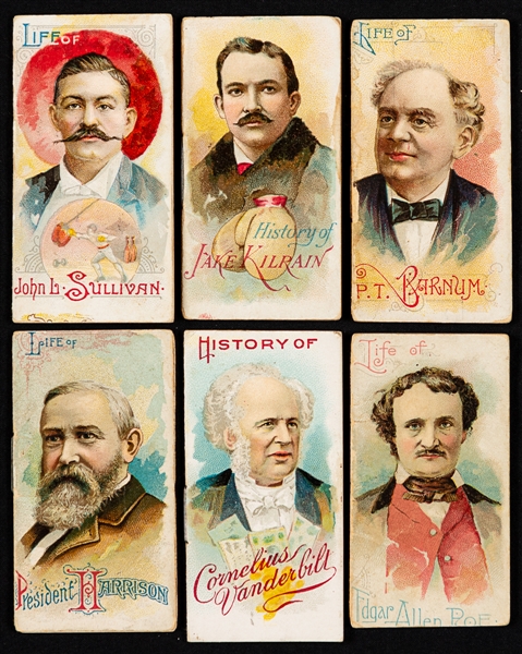 1888 N79 Dukes Cigarettes "History of Poor Boys" Starter Set (22/50) Including John L. Sullivan, Jake Kilrain, PT Barnum and Edgar Allen Poe